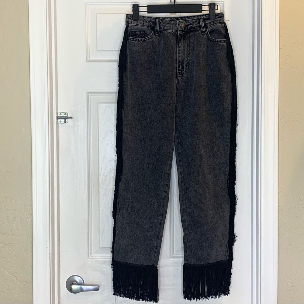 Nasty Gal It’s Only Rock and Roll Fringe High Waisted Jeans Black Size 6 - Picture 5 of 12